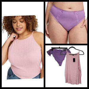 4X 26W Torrid Pink Pointelle High Neck Crop Tank Purple Thong Set Loungewear